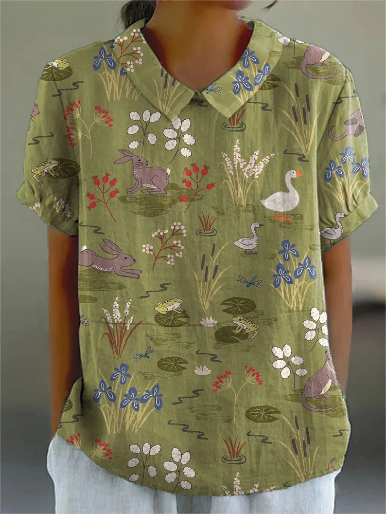 Women's Vintage Floral Animals Art Print Casual Cotton And Linen Shirt