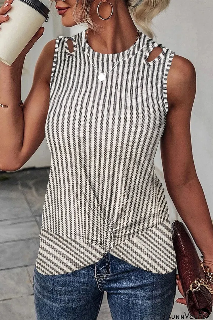 Gray Striped Cutout Twist Front Tank Top
