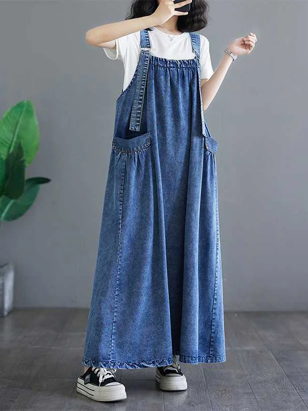A-Line Loose Pleated Pockets Split-Joint Spaghetti-Neck Maxi Dresses ...