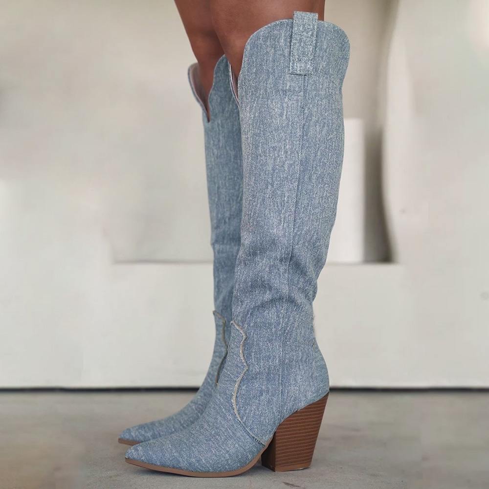 Blue Knee Boots Pointed Close Toe Cone Heel Knee Boots