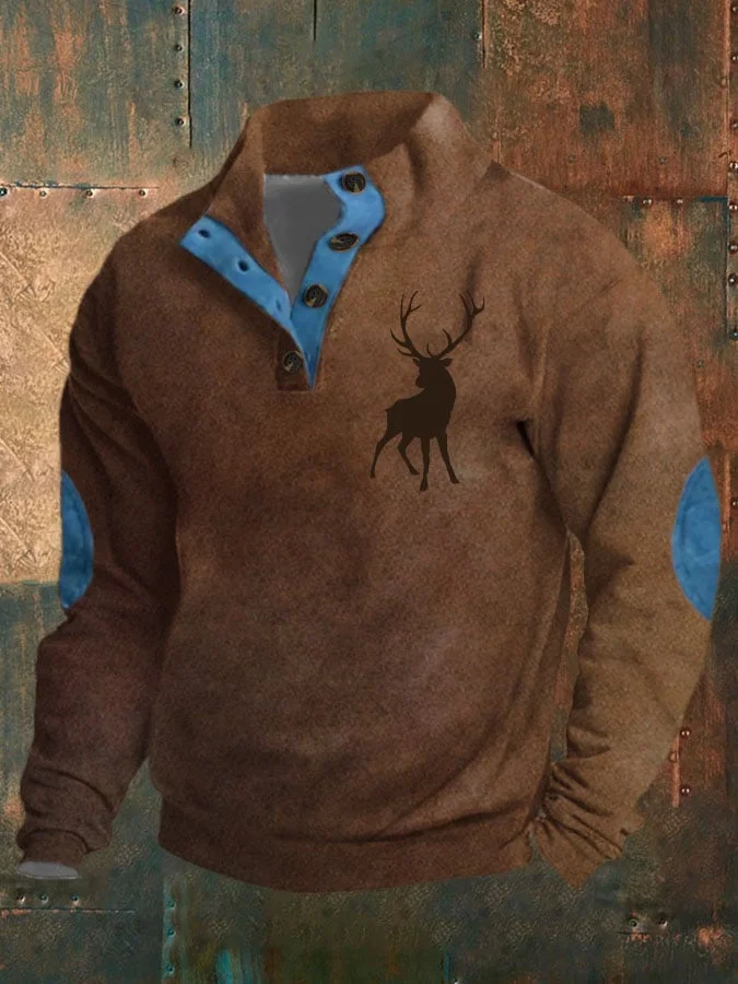 Men's Retro Western Print Button Collar Sweatshirt