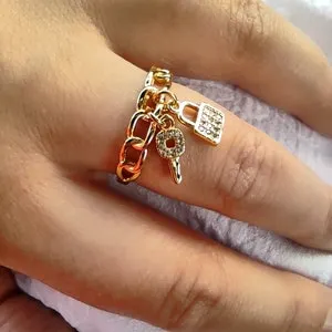 pornhint Pornhint Lock and Key Mistress Keyholder zirconia ring, 18K Gold plated  ring, Chastity device, Hotwife jewelry, rope Chain Jewelry, Fetish Cuckold