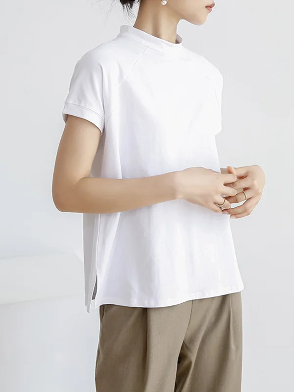 Casual Short Sleeves Loose Solid Color Stand Collar T-Shirts Tops