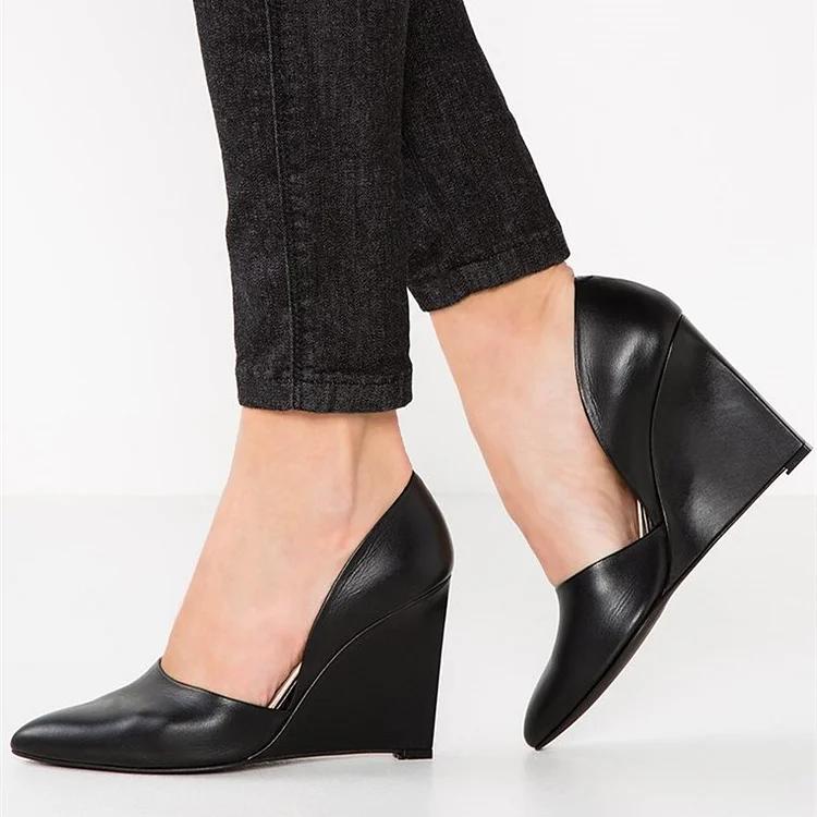 Women's Black Almond Toe Wedge Heels Office Pumps Shoes |FSJ Shoes