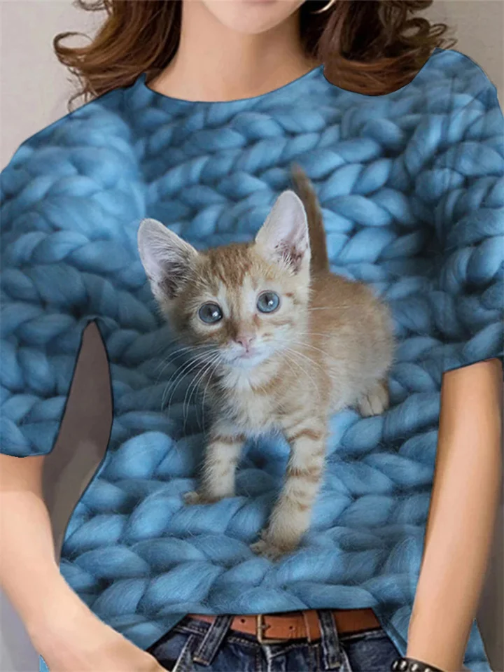 Casual Kitten Print Short-sleeved Round Neck T-shirt Women's Tops-Cosfine