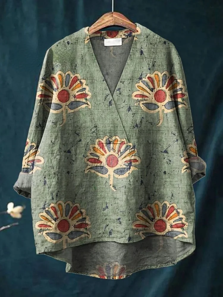 Women's Retro Flowers Print Casual Cotton And Linen V-neck Shirt