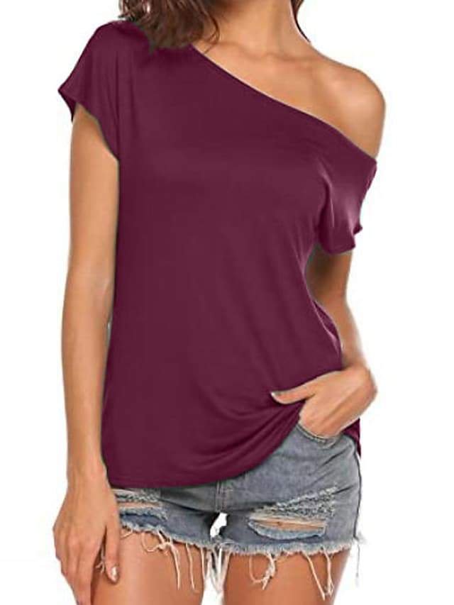 T Shirts For Women Short Sleeve Loose Fit Off Shoulder Blouses Tops Summer Red 2Xl