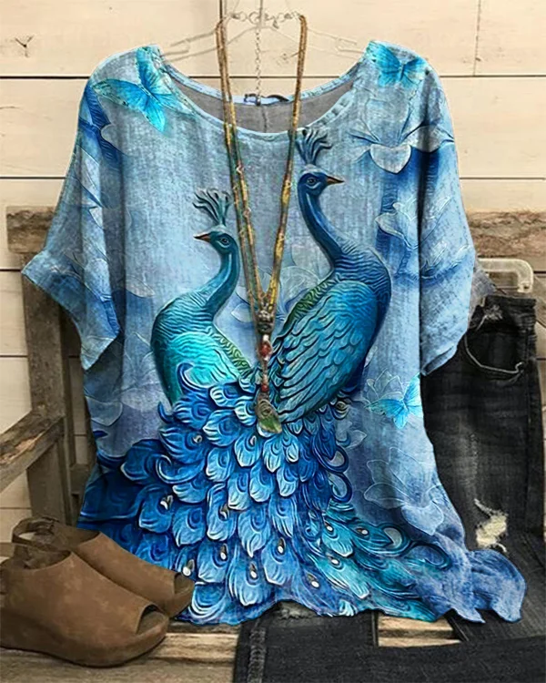 Vintage Peacock Print Casual Top