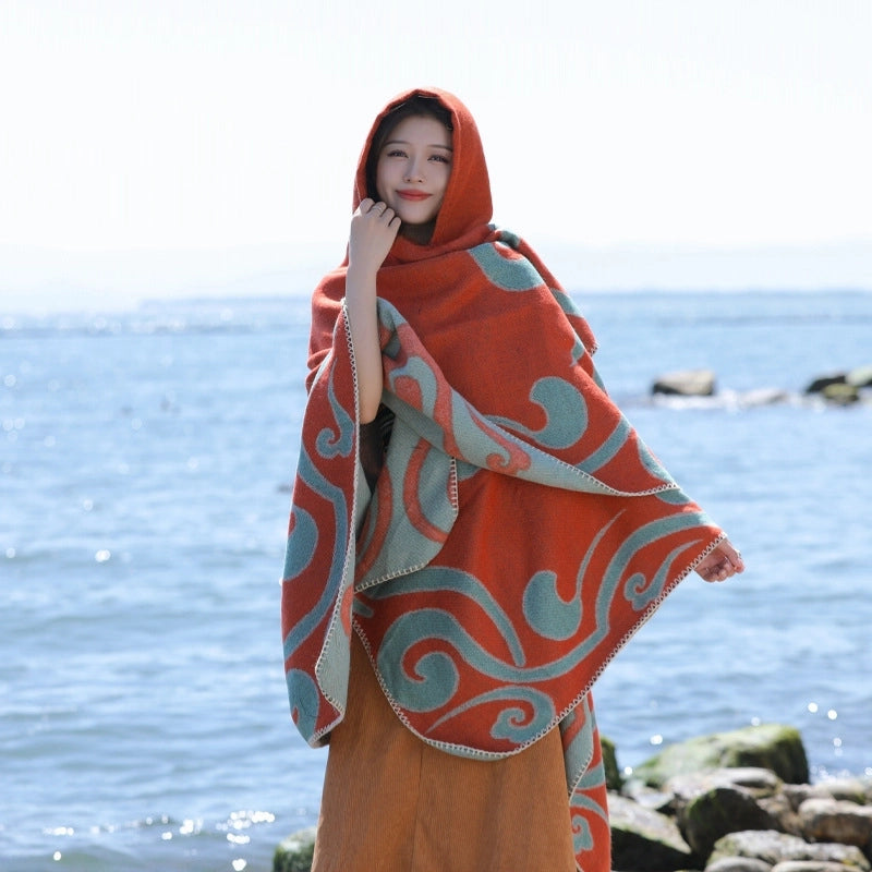 Ethnic Style Hooded Shawl Cloak Lijiang Xinjiang Tibet Northwest Tourism Wear Photograph Warm Outer Cape