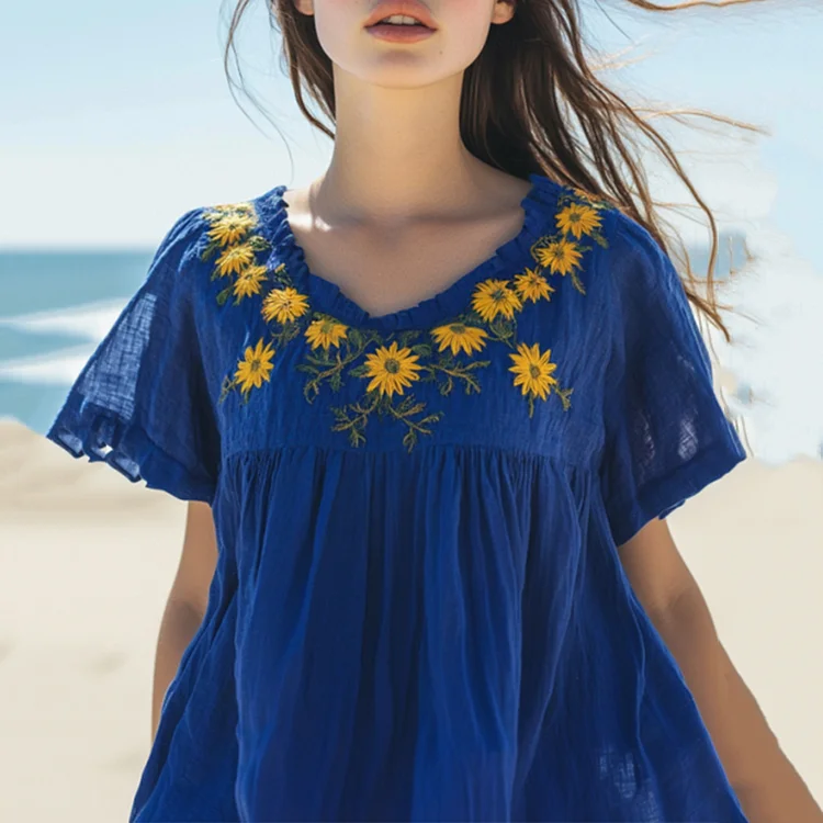 Vintage Sunflower Embroidered Art Cotton Linen Comfy V-neck Shirt