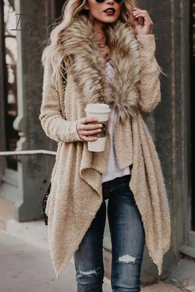 Ingvn - Fur Collar Cardigan Plush Trench Coat Apricot / S Tops