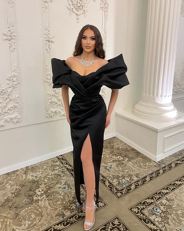 Hellodresses Black Off the Shoulder Sweetheart Split Evening Dress With Pleated 