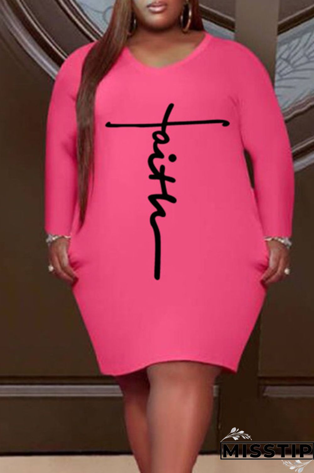 Pink Casual Print Patchwork V Neck Straight Plus Size Dresses