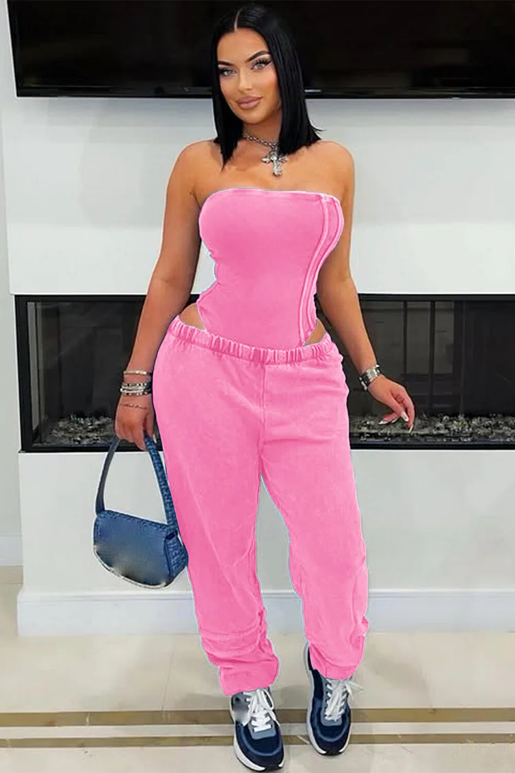 Solid Color Strapless Bodysuit Jogger Pants Matching Set-Orange