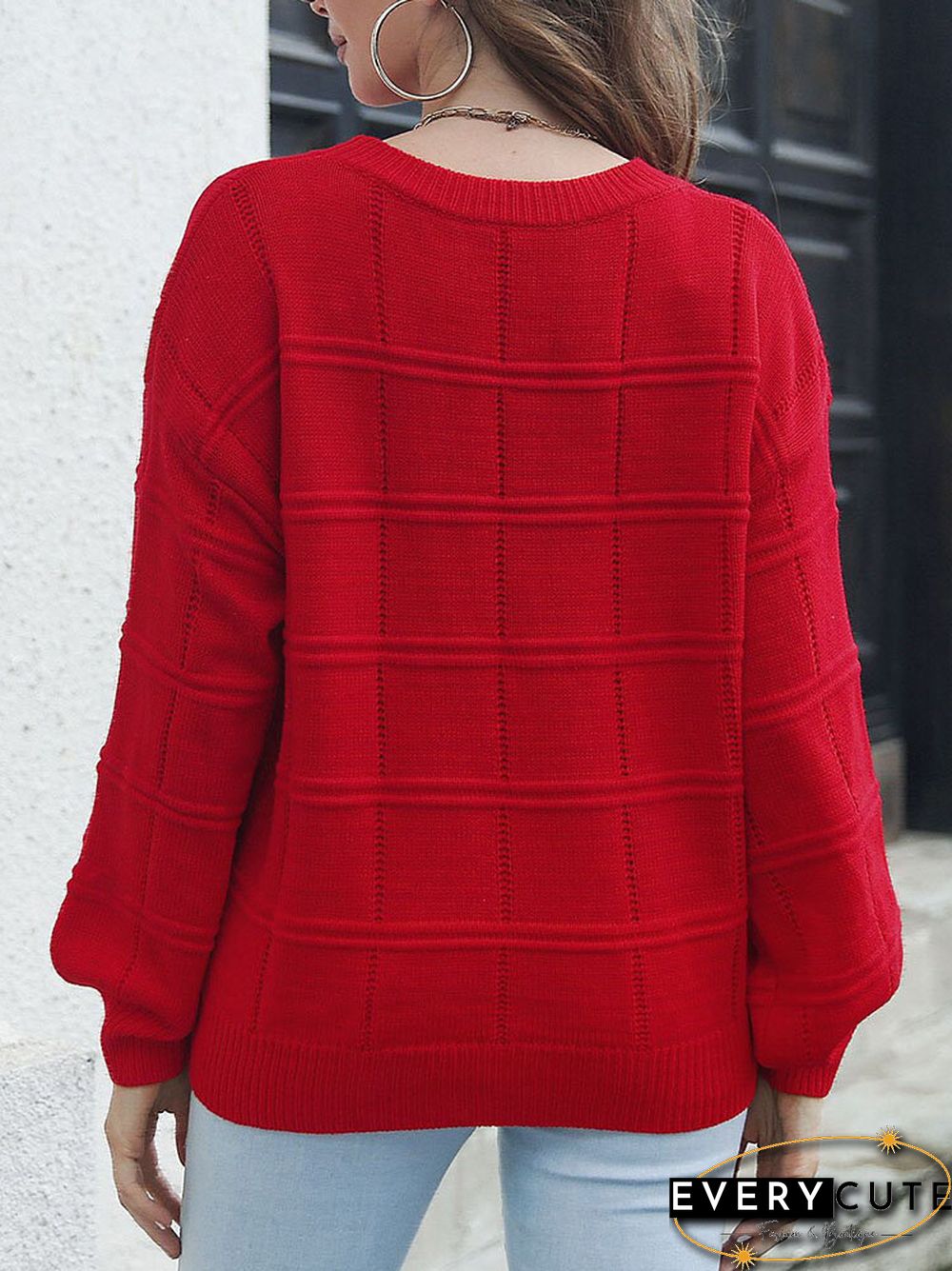 Check Pattern Long Sleeve Crew Neck Loose Sweater