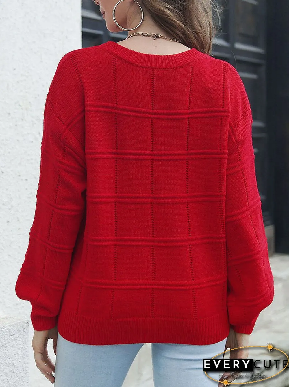 Check Pattern Long Sleeve Crew Neck Loose Sweater