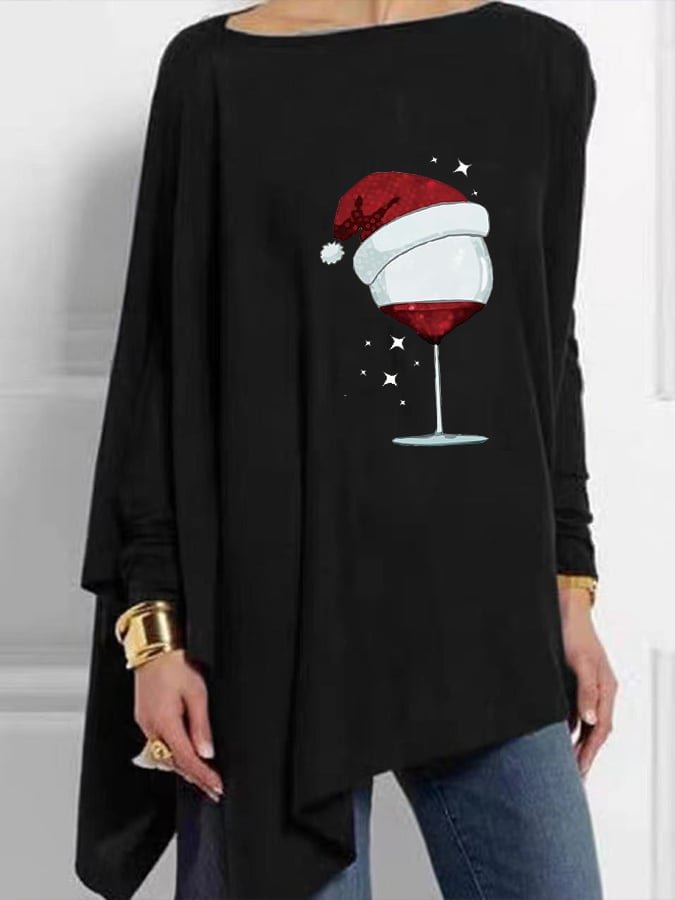 Women's Christmas Wine Glass Print Long Sleeve Top