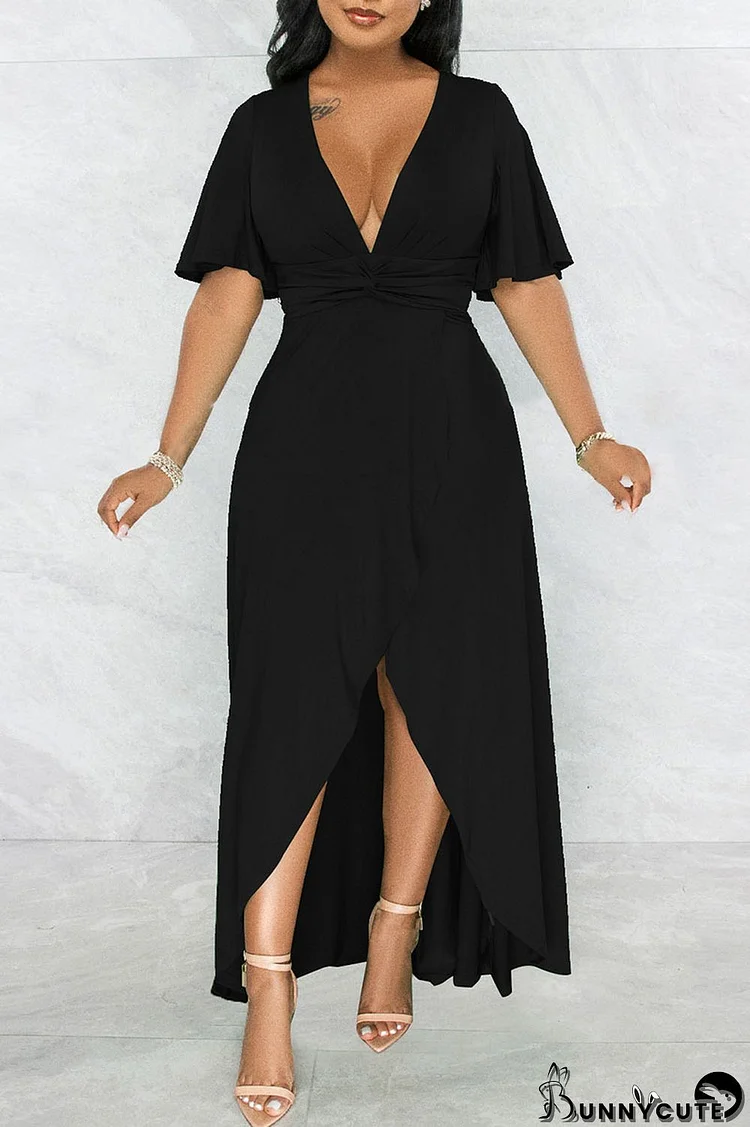 Black Casual Solid Split Joint Asymmetrical V Neck Straight Dresses