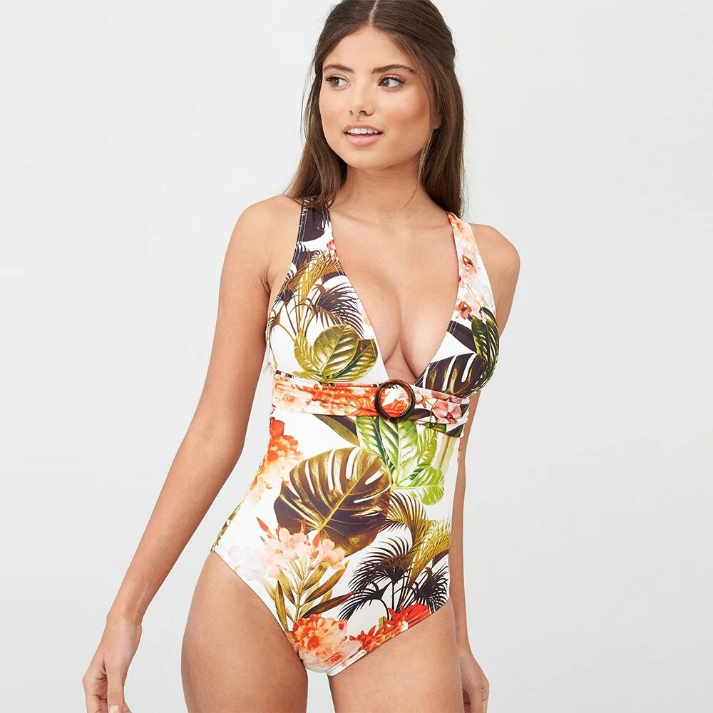 2022 New Push Up Print Floral Swimwear Women V-Neck Ruffle One Piece Flounce Swimsuit Beach Wear Bathing Suits Backless Monokini