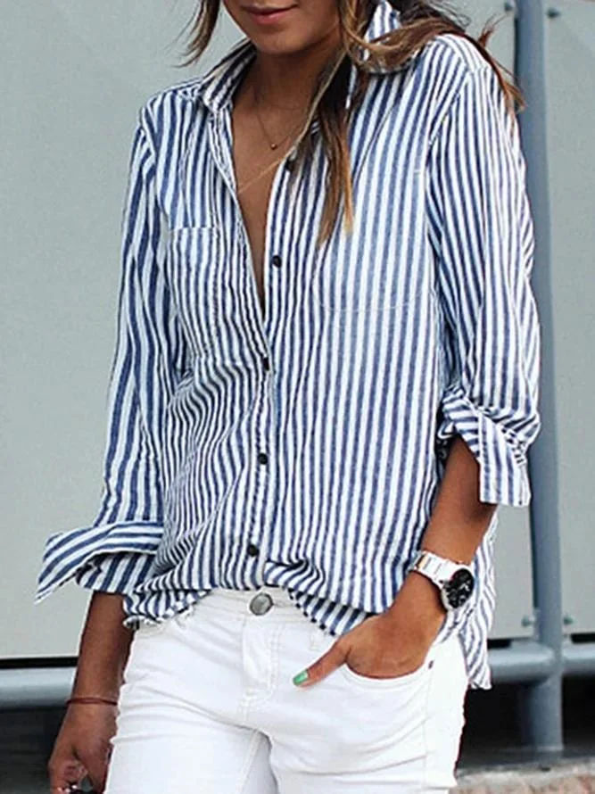 Loose vertical striped long-sleeved shirt women