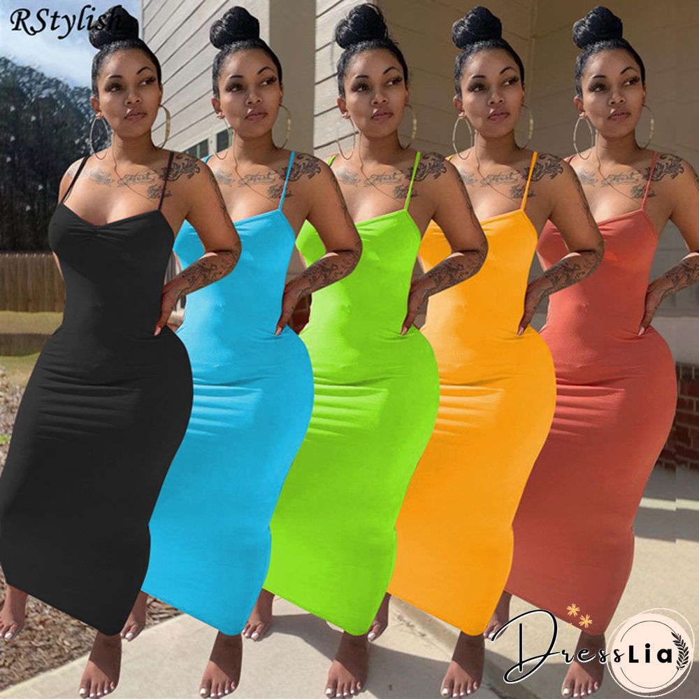 Elegant Women Solid Color Spaghetti Strap Sheath Long Dress
