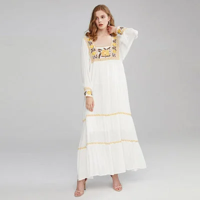 Women Dresses Bohemian Long Sleeve Embroidered Flower Robe Dress Shirt