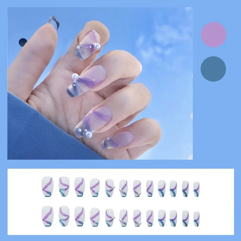 24pcs Ballet Blue and Purple Pearls Press On Nail Glitter Crystal Decor Nail Art Tool Women Full Cover MId-length False Nails-Nail Inspo