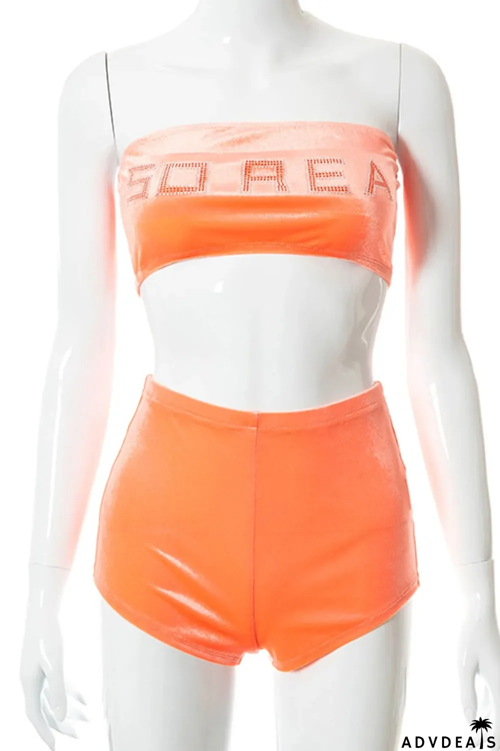 Orange Apricot Sexy Print Split Joint Strapless Sleeveless Two Pieces