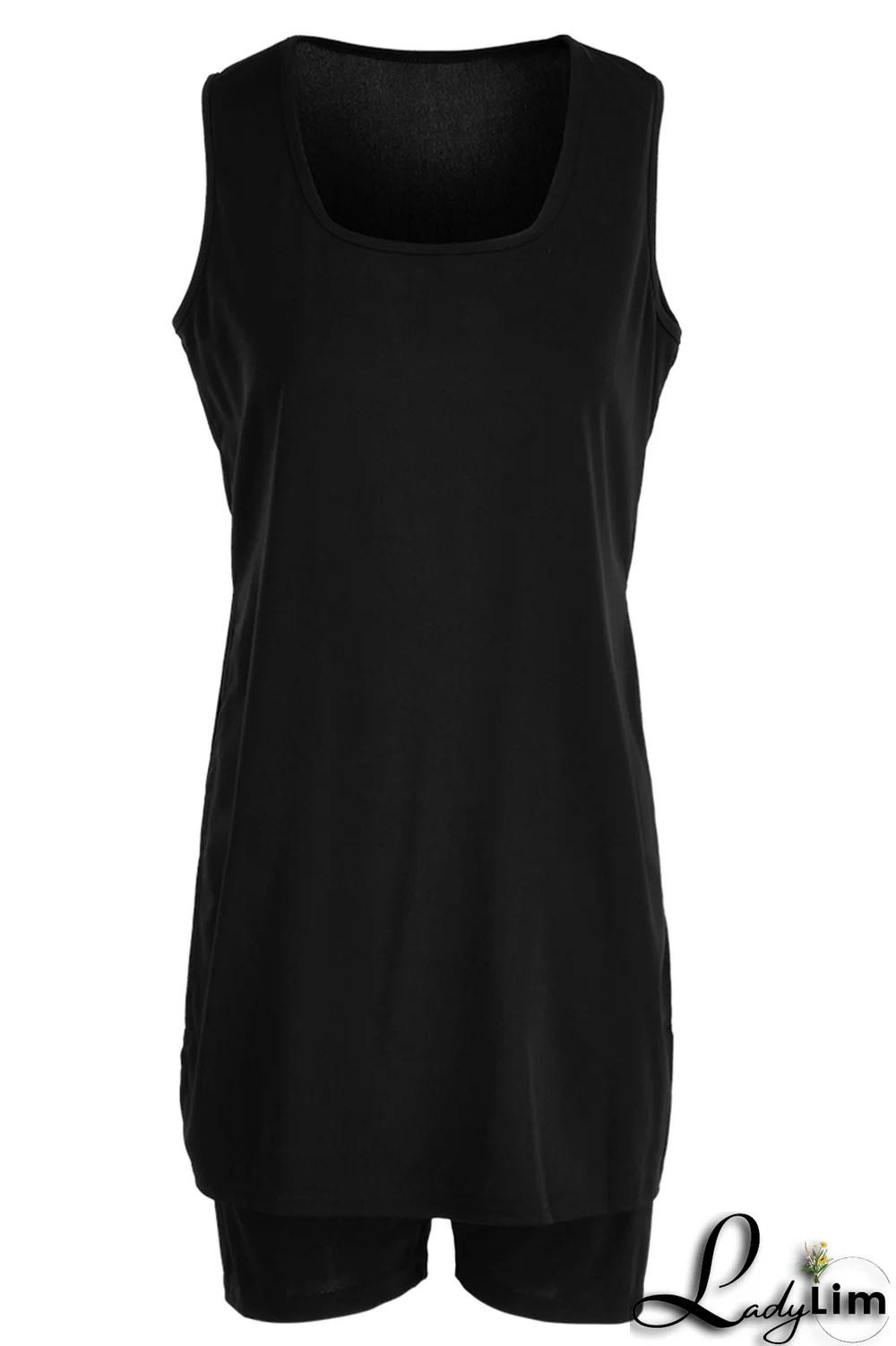 Black Casual Solid Slit Square Collar Sleeveless Two Pieces