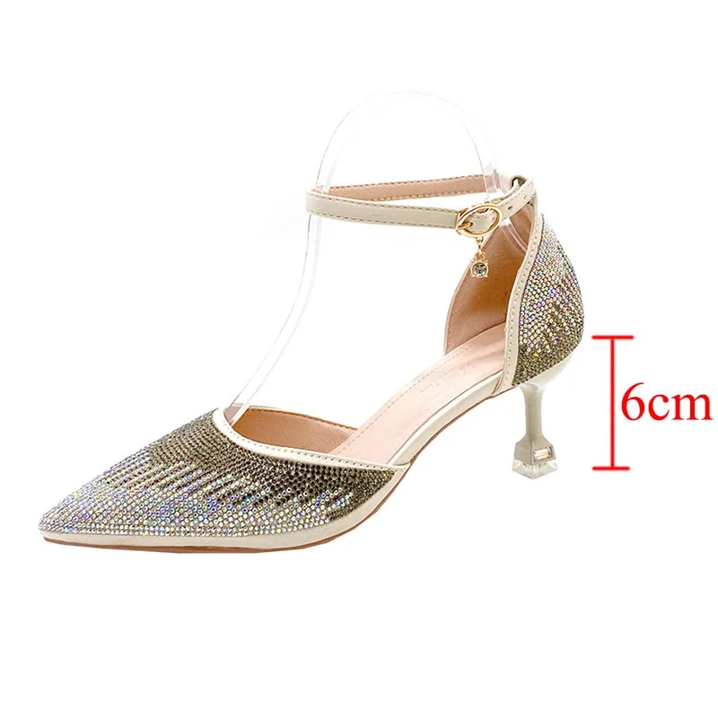 Shining Crystal Gold Pumps For Women 2022 Sexy Ankle Strap High Heels Shoes Woman Pointed Toe Rhinestone Wedding Party Shoes
