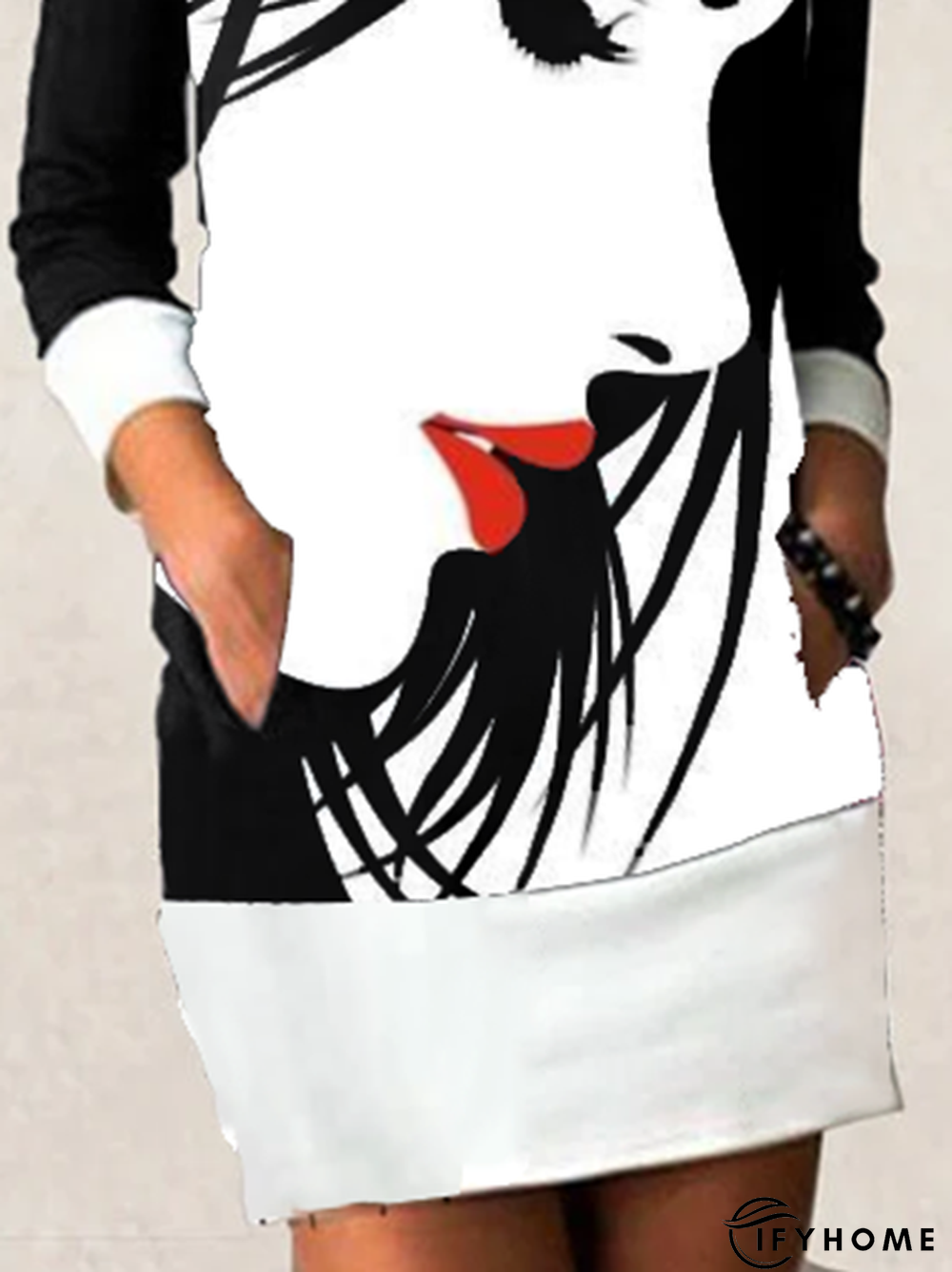 Abstract 3/4 Sleeve Cotton-Blend Vintage Knitting Tunic Dress | IFYHOME