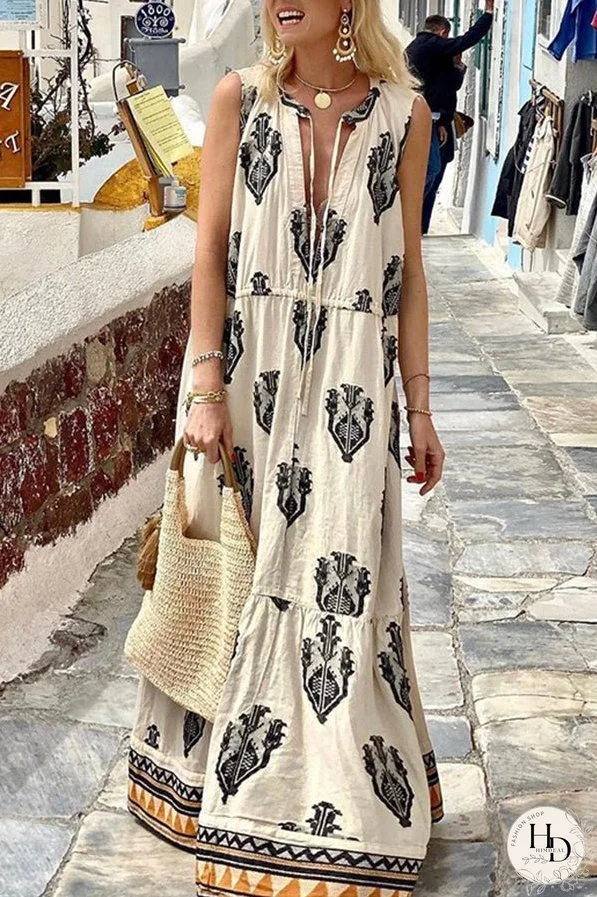 Elegant Sleeveless Mid Length Bohemian Print Dress