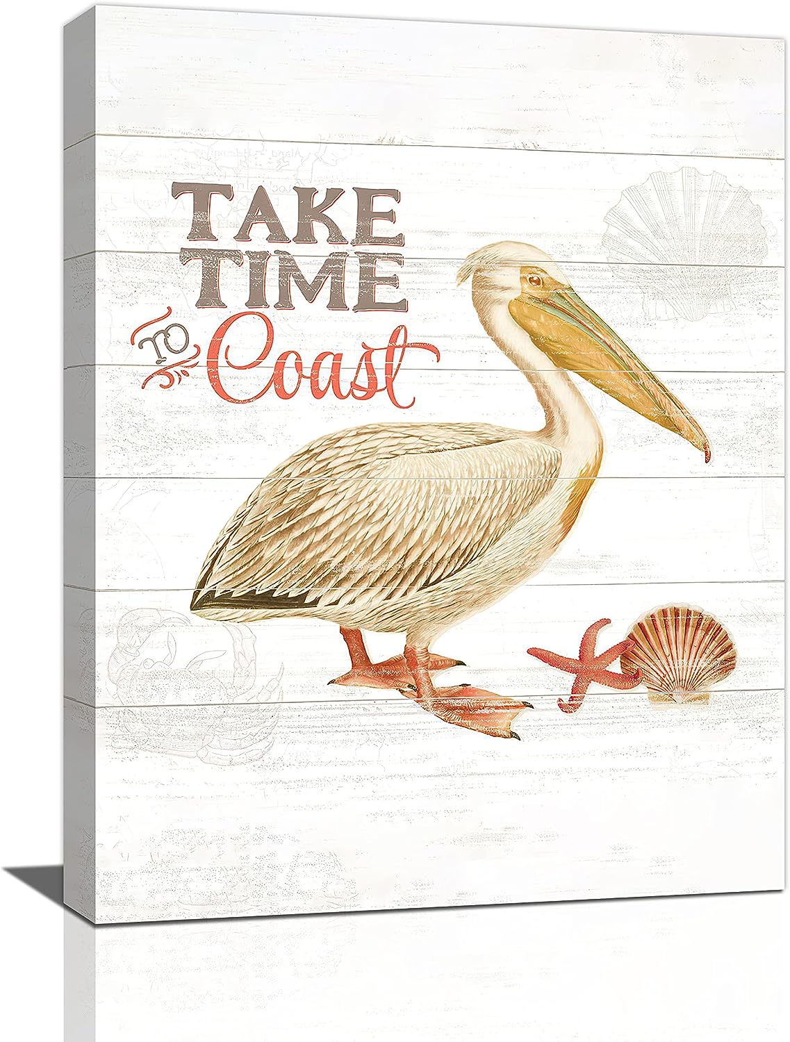 Coastal Sea Bird Wall Art Beach Pelican Pictures Wall Decor Starfish Seashell Canvas Print Painting Framed Modern Home Artwork For Bathroom Living Room Bedroom Office 12 inch x16 inch  12&#034;x16&#034;