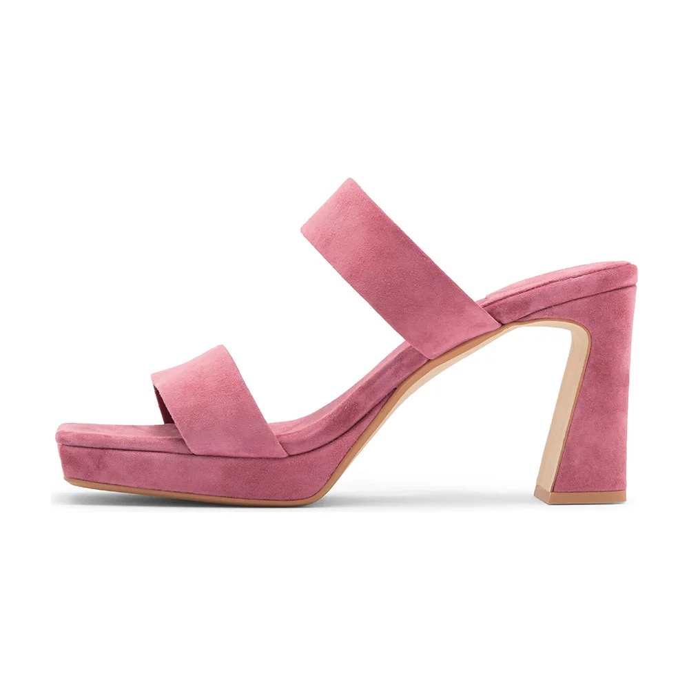 Pink Square Toe Chunky Heel Two Strap Slide Sandals with Platform