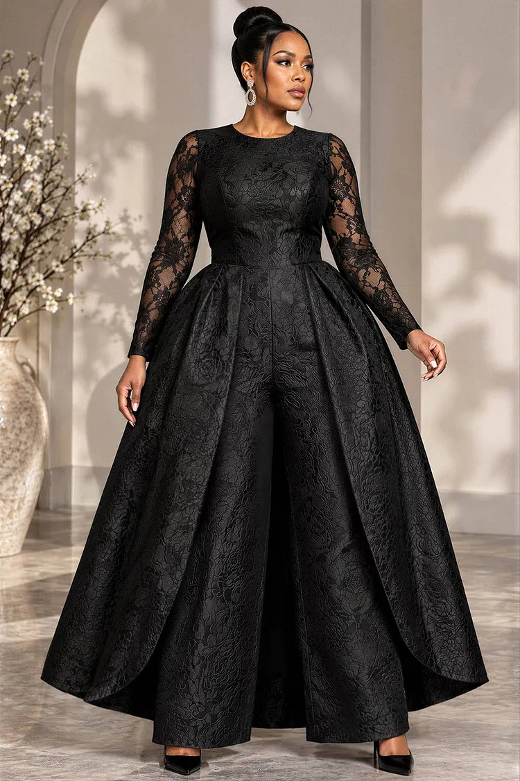 Xpluswear Design Plus Size Formal Black Round Neck Long Sleeve Contrast Pocket Jacquard Jumpsuits [Pre-Order] 2024 - Xpluswear