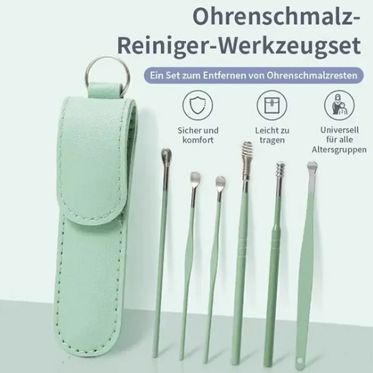 Kit port&aacute;til de 6 pe&ccedil;as para remo&ccedil;&atilde;o de cera de ouvido em a&ccedil;o inoxid&aacute;vel