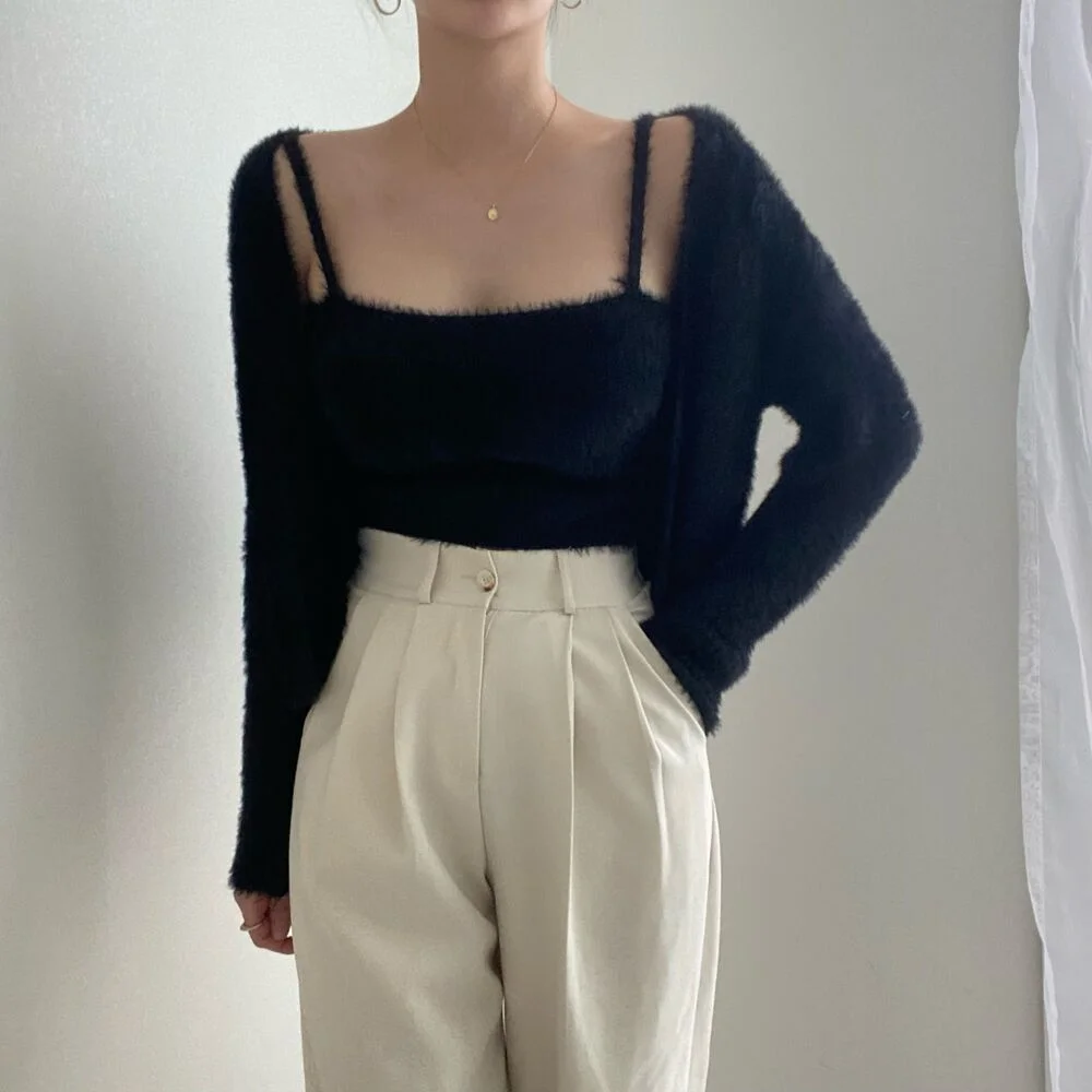 Graduation Gift  party  dress  Billlnai  2023  Korean Mink Cashmere Blue Sweater Cardigans + Sling Camis Tops Warm Soft Autumn Jumpers Outwear Hairy White Black Outwear