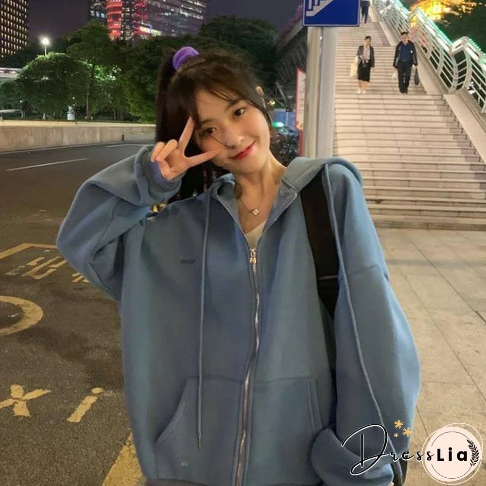 streetwear Harajuku Oversized sweatshirt women print Letter zip up Hoodies Student Plus Size Outwear Female Loose tops