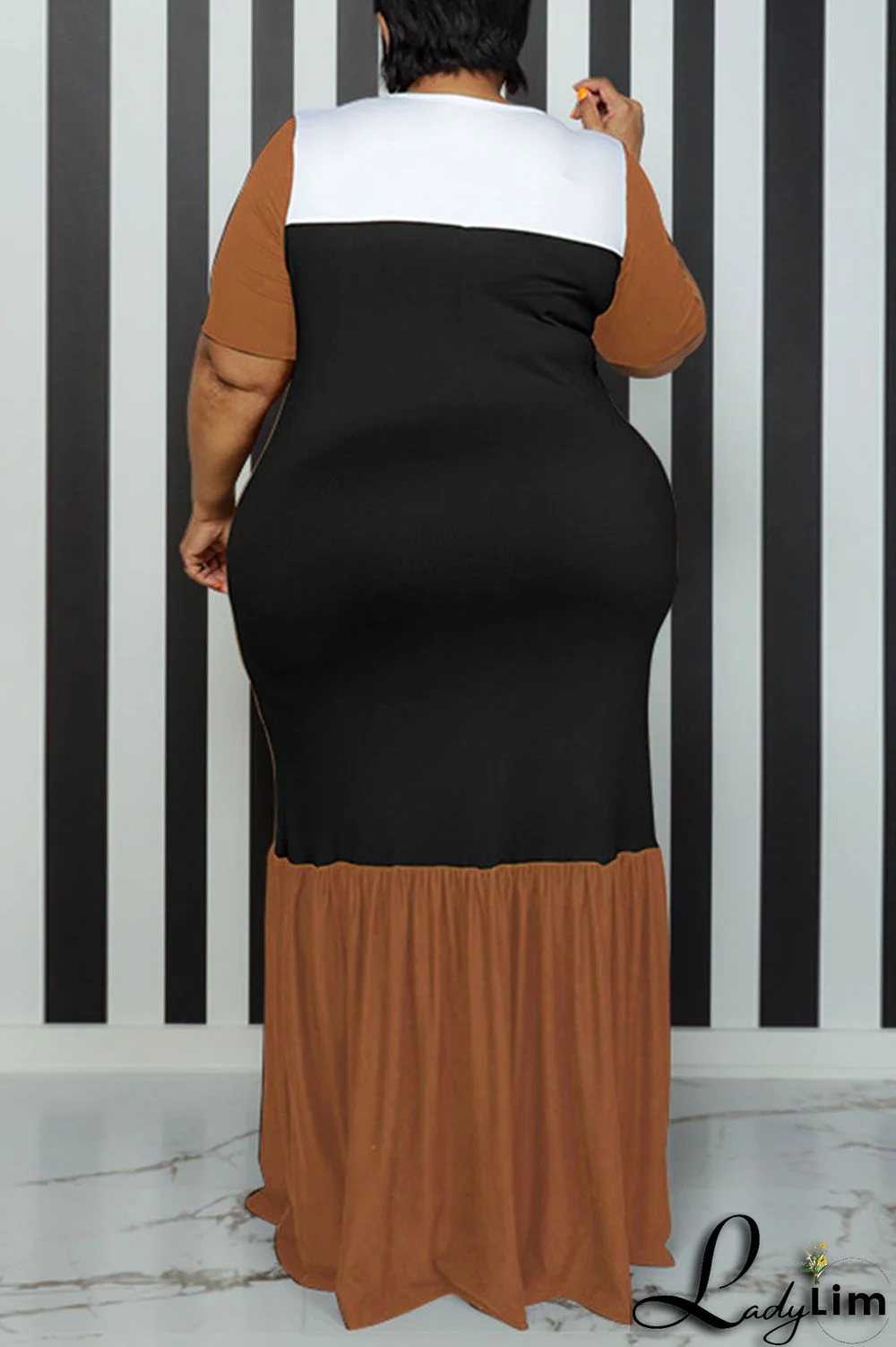 Pink Casual Solid Patchwork O Neck Straight Plus Size Dresses