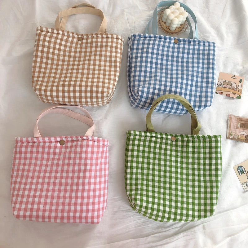 Plaid Portable Lunch Bag With Thickened Aluminum Film Hand Carrying Small Square Bag Cotton Bag Breakfast Bag Mummy Bag Plaid Bag