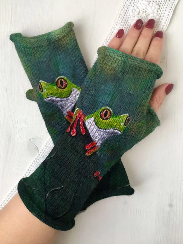 Casual retro frog knit fingerless gloves