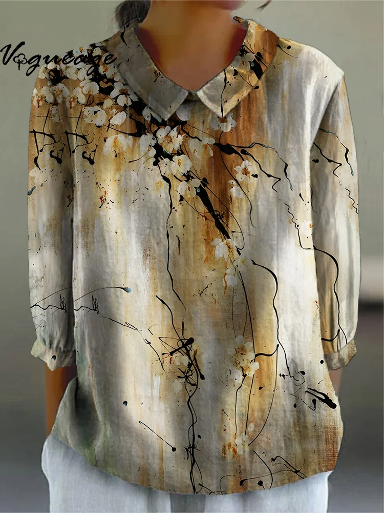 Botanical Print Lapel Long Sleeve Cotton And Linen Women Shirt