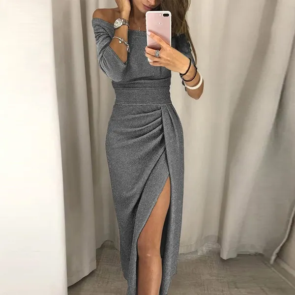 Women Off Shoulder Party dresses High Slit Bodycon Dress Long Sleeve Fashion Prom Dress Skirt