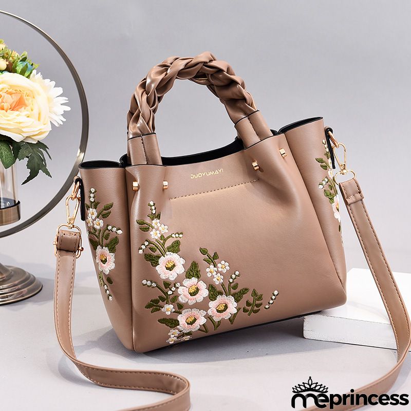 Women Vintage Flower Design Graphic Pattern Solid Color Large Capacity Shoulder Handle Bag