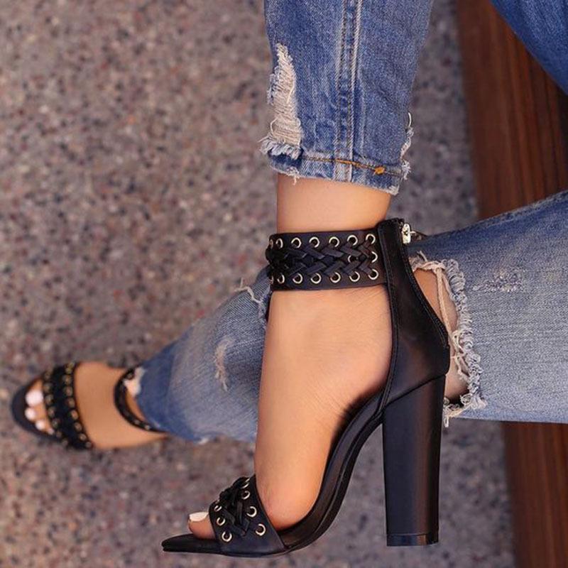 VCSHOES Open Toe Ankle Band Wrap High Chunky Heels Sandals