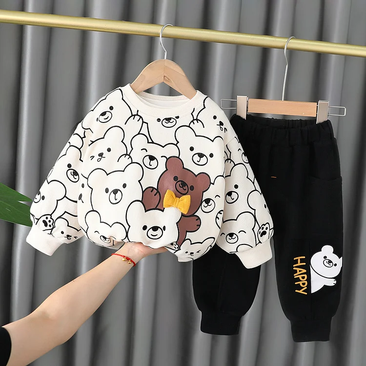 2pcs Baby Boy/Girl Allover Bear Print Pullover Sweatshirt & Knit Pants Set