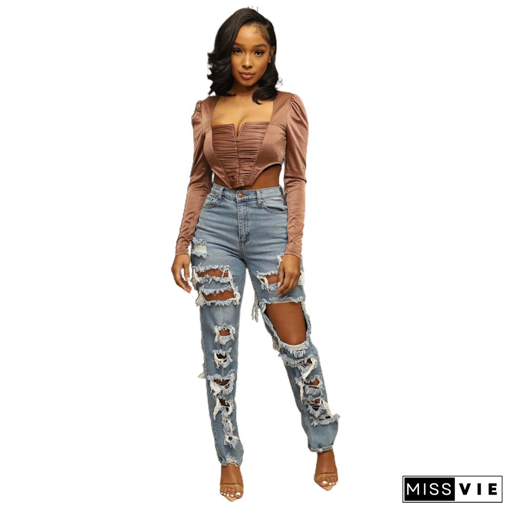 High Waist Streetwear Ripped Hole Jeans Pants
