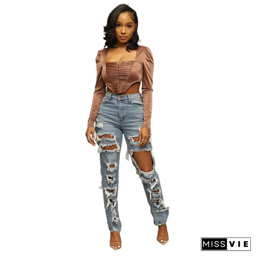 High Waist Streetwear Ripped Hole Jeans Pants