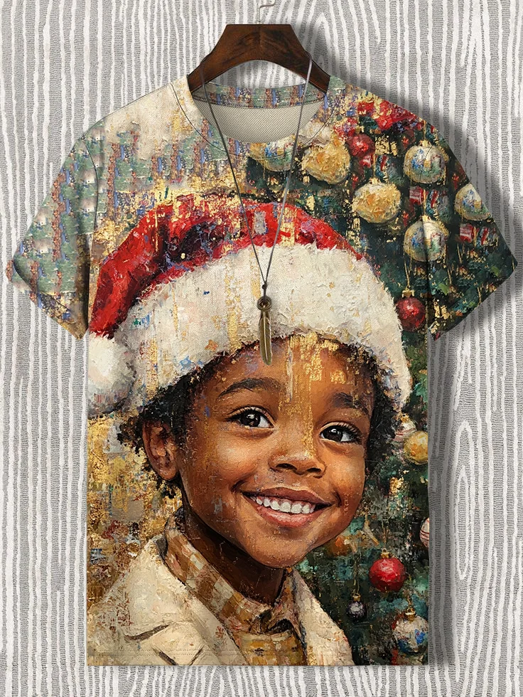 Men's Retro Christmas Happy Black Little Boy Art Print T-Shirt