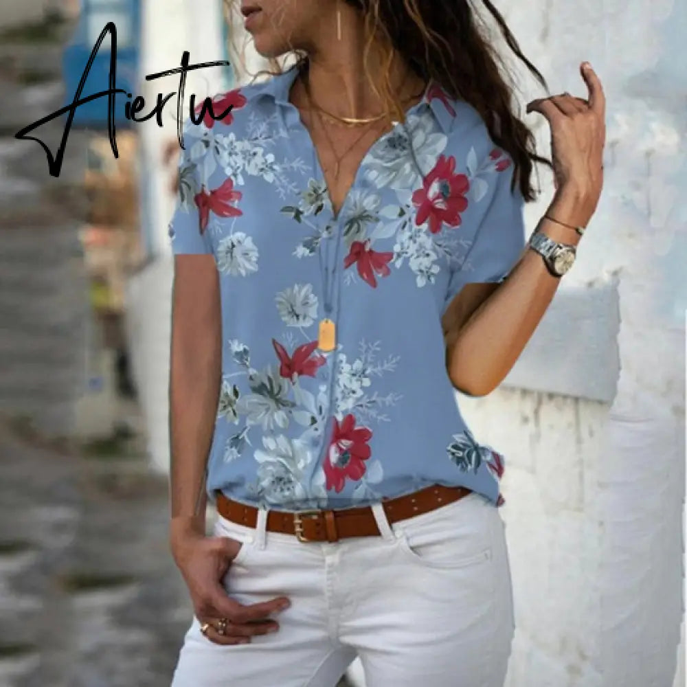 Print V-Neck Chiffon Blouse Women Tops Blouses Summer Elegant Short Sleeve Female Work Shirts Plus Size 5XL Lapel Blusas Aiertu